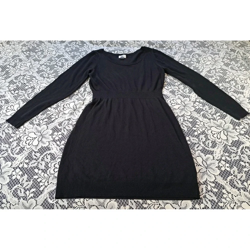 Old Navy Sweater Dress M Black Scoop Neck Ribbed‎ Waist Long Sleeve Cotton Blend